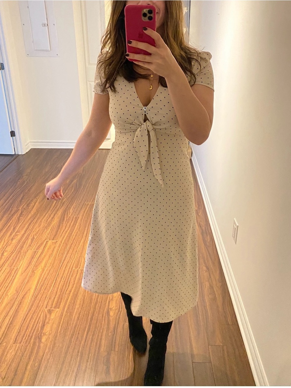 Cream Midi Dress with Black Dot Print and Front Tie